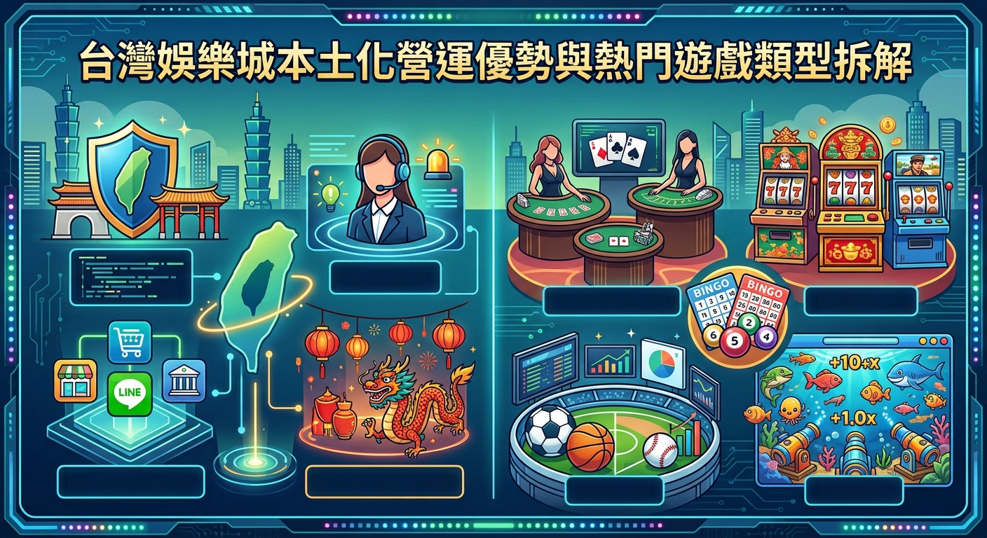 這張圖左側呈現了台灣娛樂城的本土化優勢,包含專屬客服、多元在地支付與台灣文化元素的結合。 右側則詳細拆解了熱門遊戲類型,涵蓋真人視訊、電子老虎機、體育投注及捕魚機等豐富多樣的娛樂選擇。