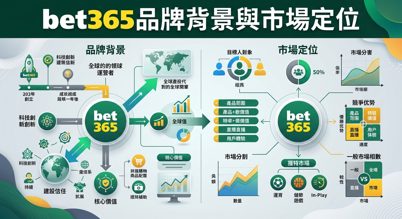 這張圖表採用 bet365 經典的綠黃白配色，左側以時間軸與數據亮點呈現品牌的發展歷程與全球擴展背景。 右側則結合清晰的視覺圖表與圖示，全面解析其在體育博彩領域的目標受眾、核心競爭優勢與市場定位。